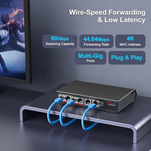 10Gb Ethernet Switch with 4 x 2.5GbE + 2 x 10GbE RJ45 Ports, VunLink 6 Port 10G/2.5G Multi-Gigabit Unmanaged Network Switch, Plug and Play, Fanless, Desktop/Wall-Mount, for Wireless AP, NAS, PC, Home