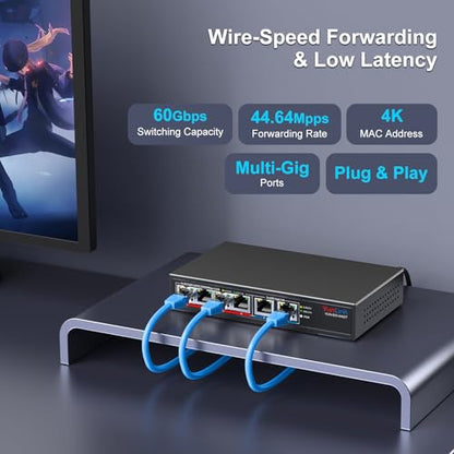 10Gb Ethernet Switch with 4 x 2.5GbE + 2 x 10GbE RJ45 Ports, VunLink 6 Port 10G/2.5G Multi-Gigabit Unmanaged Network Switch, Plug and Play, Fanless, Desktop/Wall-Mount, for Wireless AP, NAS, PC, Home