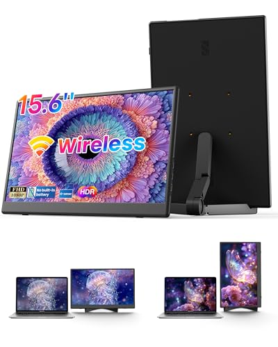 Portable Monitor 15.6 inch, Wireless Portable Monitor Support AirPlay Miracast, 1080P IPS Ultra Slim Travel Monitor with USB-C HDMI /VESA/Sleeve, External Monitor for Laptop/ PS4/5/Switch/Mac /Phone