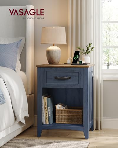 VASAGLE LIRY Collection - Farmhouse Nightstands with Charging Station, Set of 2 Bedside Tables, Side Tables with Drawer, Open Compartment, for Bedroom, Rustic Blue and Honey Brown LET659Q101S-2J - color: Rustic Blue and Honey Brown, size: 2 PACK, style: 1
