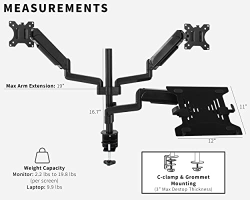 VIVO Laptop and Dual 17 to 32 inch Monitor Pneumatic Arm Mount, Fits 2 Flat or Curved Computer Screens and 10 to 15.6 Inch Notebooks, Laptop Tray, C-clamp, Grommet Mounting Base, Black, STAND-V003KL
