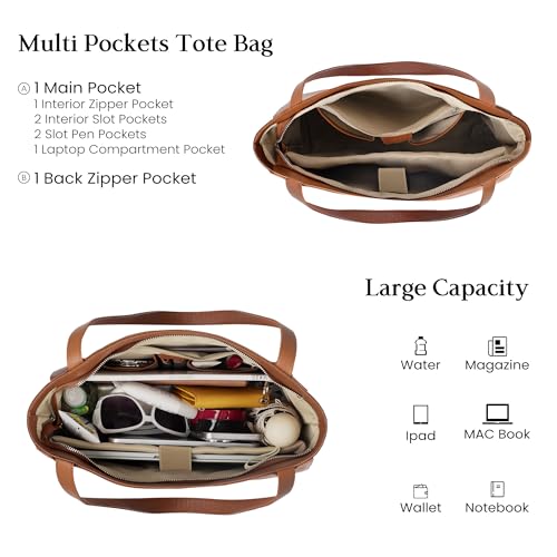 befen Genuine Leather Tote Bag for Women Work Travel Leather Purse Handbags | Real Leather, Padded 14" Laptop Compartment, Multi-Pockets, Zipper, Tote Bag for Daily - color: Cognac Brown 02