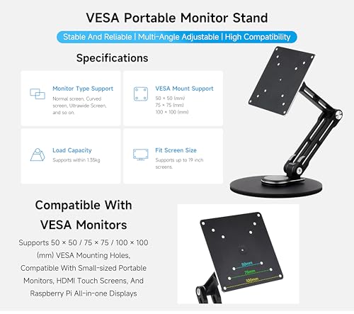 VESA Portable Monitor Stand, Compatible with Monitors Up to 19inch, Supports 50 x 50/75 x 75/100 x 100 (mm) VESA Mounting Holes, Supports Multi-Axis Rotation, Adjustable & Foldable