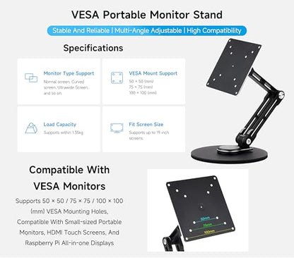 VESA Portable Monitor Stand, Compatible with Monitors Up to 19inch, Supports 50 x 50/75 x 75/100 x 100 (mm) VESA Mounting Holes, Supports Multi-Axis Rotation, Adjustable & Foldable