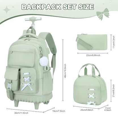 Scothen Rolling Backpack for Girls, Girls Backpack Set with Lunch Box & Pencil Pouch for Teen Girl Kids Children Elementary Middle School, Bookbag Daypack Laptop Travel Backpack with Wheels (Green) - color: Green