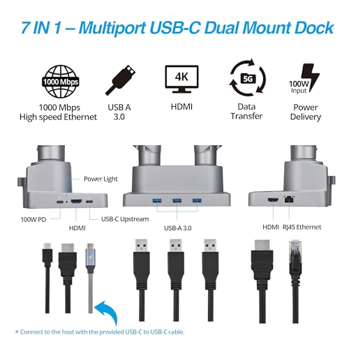 AVLT Laptop & Monitor Arm Desk Mount for 17-38" Screens, USB-C Dock - Gray | Supports flat/curved screens up to 22 lbs each. 12-17" laptop tray, 7-in-1 USB-C dock, HDMI 4K60, Ethernet and 100W PD - color: Gray
