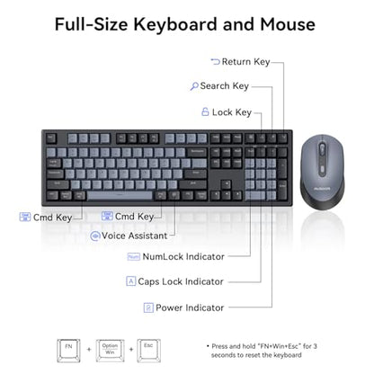 AUSDOM Wireless Keyboard and Mouse Combo - 108 Keys Mechanical Feel, 2.4G Full-Sized Rechargeable Silent Keyboard & 3 DPI Adjustable Mouse, Numeric Keypad, USB Receiver for PC/Laptop/Windows/Mac