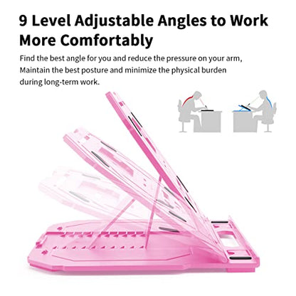 Drawing Tablet Stand, Laptop Foldable Stand for Tablet Display, 9 Levels Adjustable Angles with a Built-in Phone Holder, for 12-17 inch Drawing Tablet, Smartphones - color: Pink