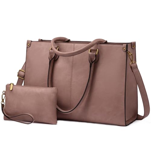 LOVEVOOK Laptop Tote Bag for Women, 15.6 Inch Professional Work Bag with Matching Clutch, Waterproof Vintage Leather Computer Tote for Office, Business Travel & Daily Use, Gift for Women - color: Lotus Pink, size: 15.6 inch