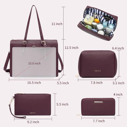 Keyli 4pc Sets Laptop Bag for Women Large Leather Laptop Briefcase with USB Charging Port Computer Shoulder tote Bags Purse - color: Wine Red