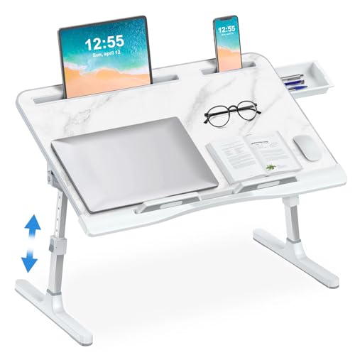 Bed Desk for Laptop - Adjustable X-Large Foldable Bed Table, Laptop Lap Desk with 2 Movable Stoppers and Drawer for Bed Couch Floor Writing Eating Working (Marble, 23.6 inch) - color: Marble