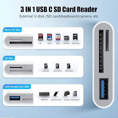 USB C SD Card Reader for iPhone 15 16 17, SD Card Adapter with SD MicroSD USB 3 Ports, USBC Memory Card Reader for iPhone 15 16, iPad, Mac, MacBook Pro/Air,Digital Camera Adapter iPhone, Android