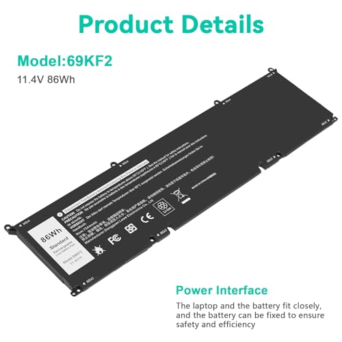 69KF2 Laptop Battery for Dell XPS 15 9500 9510 9520 Precision 5550 5560 5570 Alienware M15 M17 R3 R4,for Inspiron 7510 7610 P87F P91F,G15 5510 5511 5515 5520 5521,G7 7500 70N2F,M59JH,8FCTC, DVG8M - size: 69KF2 13.23 5.63 0.98