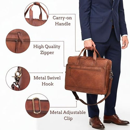 17-inch Genuine Leather Laptop Briefcase for Men and Women – Brown Leather Messenger Bag for Professional Work, Office, College & Travel Computer Laptop Bag