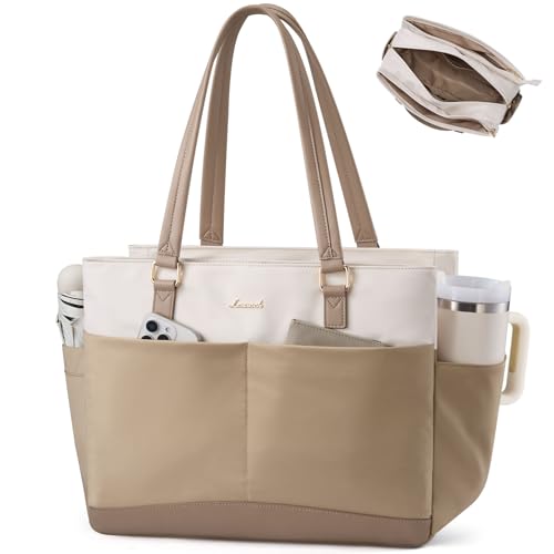 LOVEVOOK Laptop Tote Bag for Women with 3 Separate Pocket Work Bag with Large Cup Holder Computer Briefcase for Teacher Nurse - color: Khaki-beige, size: 15.6 Inch