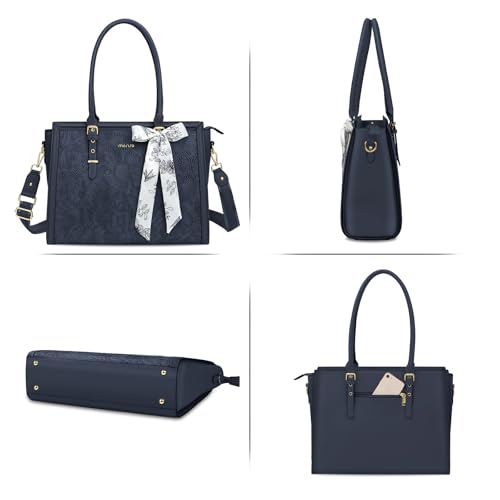 MOSISO Laptop Bag for Women, 15.6-16 inch PU Leather Tote Bag | Compatible with MacBook, HP,Dell,Asus, Front Embossed Retro Hibiscus Computer Bags with Silk Scarf&Clutch Purse, Haze Blue - color: Haze Blue, size: 16 inch