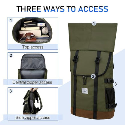 Kasqo Rolltop Backpack, Water-Resistant Backpack with Laptop Compartment for 15.6 Inch Computer Men Women 26L-33L Daypack - color: Military Green