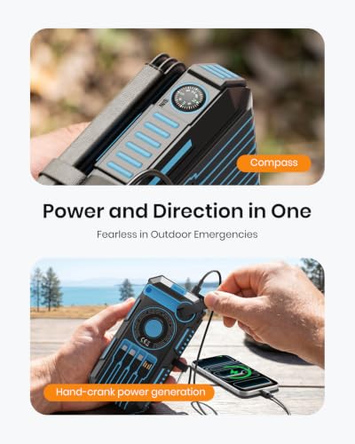 FEELLE Solar Power Bank 50000mAh Magnetic Portable Charger with Hand Crank | Built in 4 Cables & 4 Solar Panels, PD QC 3.0 Fast Charging Battery Pack, Flashlight for Outdoor, Charge 6 Devices at Once - color: Blue