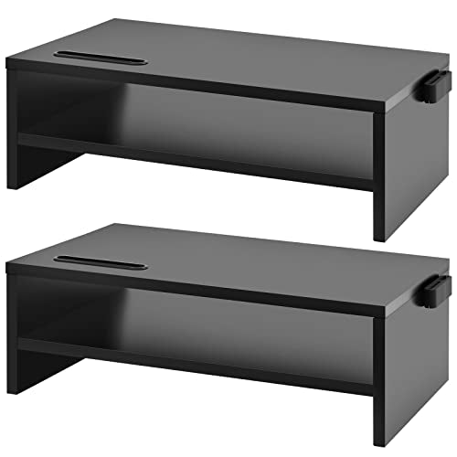 Marbrasse Monitor Stand Riser, 2 Pack 16.5 Inch 2 Tier Computer Monitor Stand, Printer Shelf Stand for Laptop Computer Screen Storagek,Desktop Stand with Phone Holder and Cable Management - color: 2PCS Wood Monitor Stand-Black