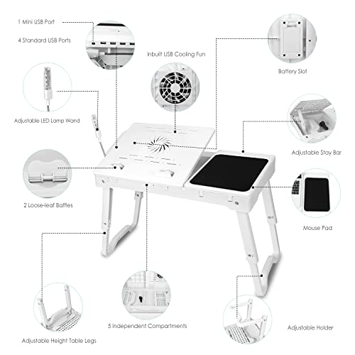 Foldable Laptop Desk, Adjustable Portable Laptop Stand for Bed Couch, Small Bed Table for Laptops and Writing, Bed Tray Table with Cup Holder, Cooling Fan, LED Light (White) - color: White