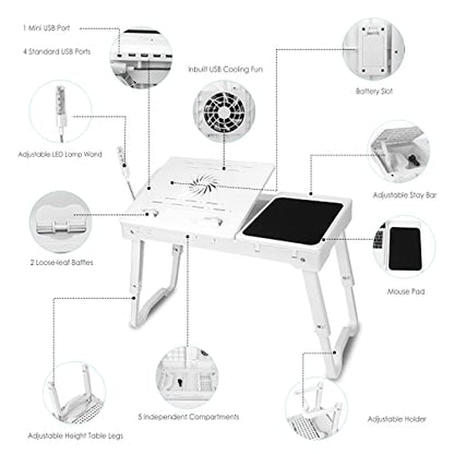 Foldable Laptop Desk, Adjustable Portable Laptop Stand for Bed Couch, Small Bed Table for Laptops and Writing, Bed Tray Table with Cup Holder, Cooling Fan, LED Light (White) - color: White