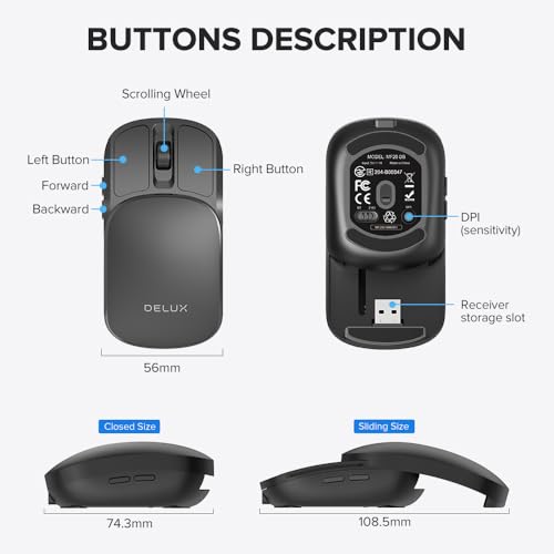DELUX Wireless Bluetooth Pocket Mouse, 2-in-1 Sliding Mouse (MF20-Black)