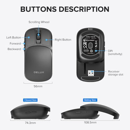 DELUX Wireless Bluetooth Pocket Mouse, 2-in-1 Sliding Mouse (MF20-Black)