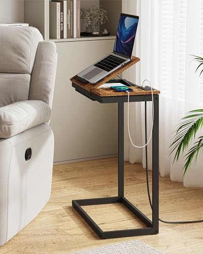 TUTOTAK Large C Shaped End Table, Side Table with Charging Station C Table | Tilting Laptop Stand with Storage, Computer Couch table for Living Room, Bedroom, Brown TB01BB090 - color: Brown, style: Plug