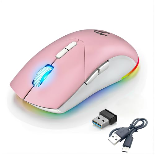 Wireless Mouse, Bluetooth Mouse for Laptop, Rechargeable, Dual Mode (BT 5.2 + 2.4G ) Silent Wireless Bluetooth Pnk Mouse, Laptop Mouse,Ergonomic Design, 3-Level Adjustable DPI Mouse for iPad, Mac, PC