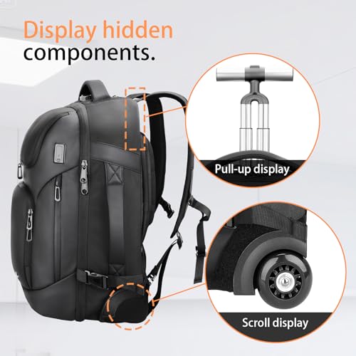 Backpack for Men, Anti Theft Convertible Laptop Backpack with Wheels,50L Rfid Personal Item Wheeled Backpack for Travel Business Work, Black - color: Black-513