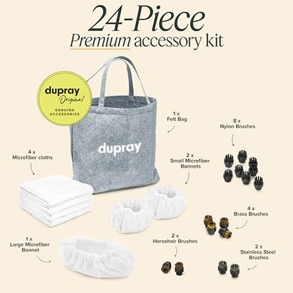 Dupray Steam Cleaning Pack Pro - Kit for Dupray Steam Cleaner | 24-Piece accessory kit | Microfiber cloths & bonnets, nylon, brass, horsehair and stainless brushes, felt storage bag