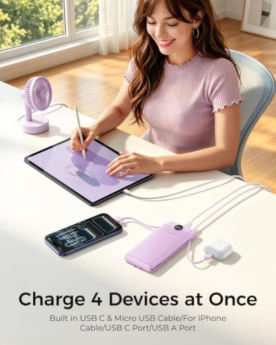 VEGER Portable Charger with Built-in AC Plug and Cables, All in One 10000mAh Ultra Slim Power Bank Travel Essentials, USB C External Battery Pack Compatible with iPhone, Samsung, More, Purple - color: E Purple