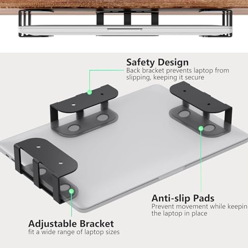 Under Desk Laptop Mount, 3Pcs Metal Laptop Holder for Desk | with Anti-Scratch Silicone Pad, Supports 1.2" Thick Devices (Black)