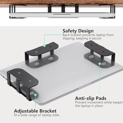Under Desk Laptop Mount, 3Pcs Metal Laptop Holder for Desk | with Anti-Scratch Silicone Pad, Supports 1.2" Thick Devices (Black)