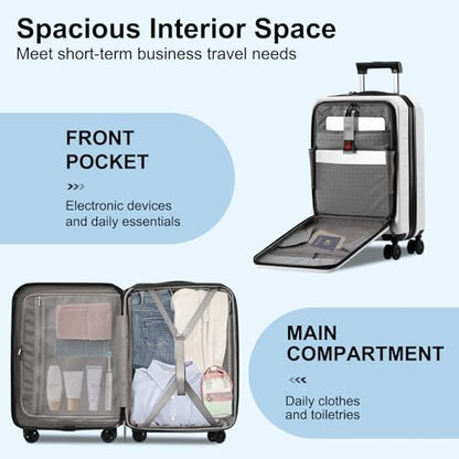 CENSIEN 20 Inch Carry On Luggage 22×14×9 Airline Approved with Front Pocket | Front Opening with Laptop Pocket,Lightweight ABS+PC Hard Shell Suitcases,360° Spinner Wheels,TSA Lock,YKK Zipper,White - color: White, size: 20 Inch