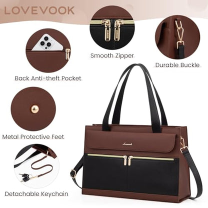 LOVEVOOK Laptop Bag for Women, Black- Brown - color: Black- Brown, size: 15.6 Inch