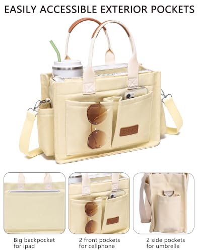 Canvas Tote Bag for Women,Women's Bags Crossbody Bags Work Laptop Tote Bag Large Handbags Purse for Travel Nurse Teacher - color: New Upgrade Beige With Compartments and Side Cup Holders