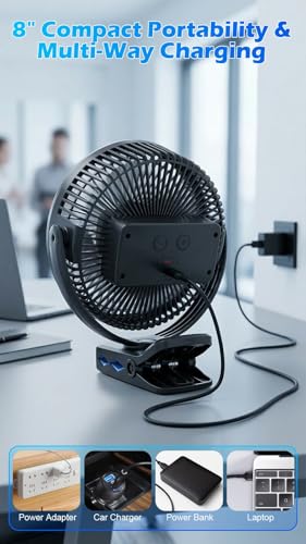 Meudeen 20000mAh Rechargeable Clip on Fan, 8 Inch Portable Fan with Timer & LED Lantern, Battery Powered Golf Cart Fan, 5 Speeds Quiet Small Desk Fan for Camping Stroller Bedroom - color: Black