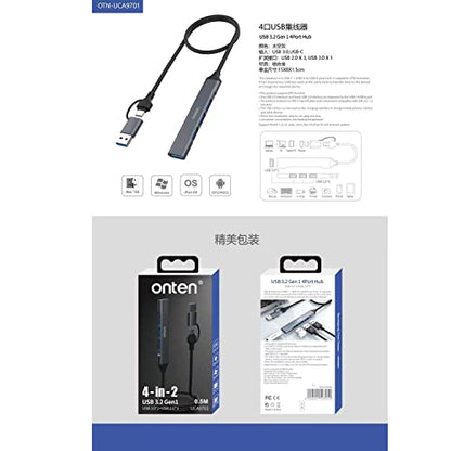 USB Hub, ONTEN USB C to USB Adapter, USB C to USB A Hub with 1.6ft Cable,4 Ports USB-C USB Hub 3.0/2.0, for MacBook Pro, iMac 2021, USB Splitter Aluminum Alloy, Color Gray