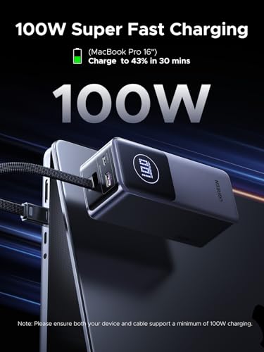 UGREEN Nexode 20000mAh 130W Built-in USB-C Cable Power Bank for iPhone 17 | 80W input recharge. Fast charges MacBook, iPad Pro, S25 Ultra, Dell, HP. 3-port output.