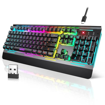 TECKNET Wireless Gaming Keyboard, 4000mAh Rechargeable Keyboard | 2-in-1 (2.4G Wireless & Wired) Connection, 15-Zone RGB Backlit, Whisper Quiet Design, 25 Anti-ghosting Keys, Metal Panel