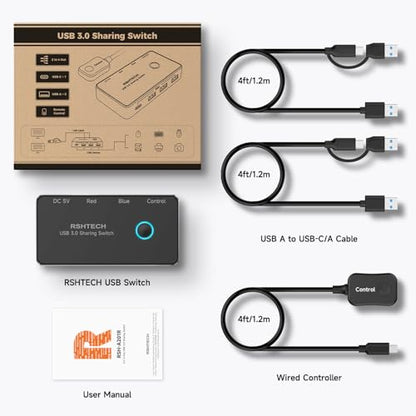 RSHTECH USB 3.0/USB C Switch 2 Computers Share 4 USB Devices, RSH-A201R | USB Switcher Selector with 4 USB 3.0 Data Ports(3 USB-A+1 USB-C), 2 Cables and Controller for Keyboard, Mouse and Printer - size: 4 Ports USB Switch