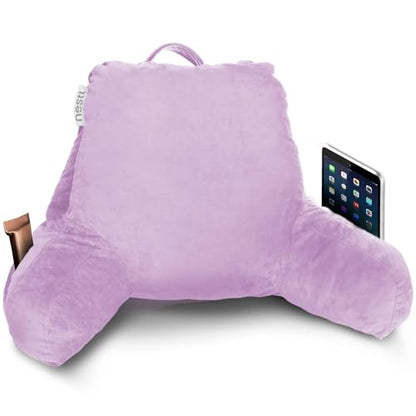 Nestl Reading Pillow with Portable Laptop Lap Desk, Velvet Feel Back Pillow for Sitting in Bed, Shredded Memory Foam Back Support Pillow for Bed, Bed Rest Pillow with Arms, Small - Lavender