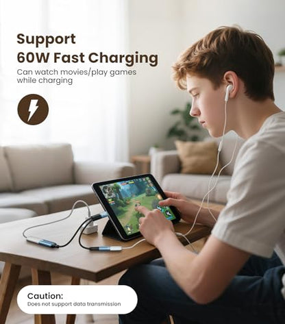 Tisino USB C to 3.5mm Headphone and Charger Adapter, Aux to USB C & 60W PD Charging, HiFi DAC 32bit/384kHz, USB C to Headphone Jack Adapter for iPhone 16 15/Samsung S25/S24/Pixel 8/7