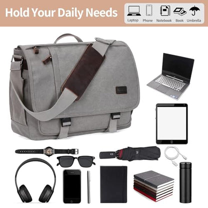 NerIion Nerlion Messenger Bag for Men 17-17.3 Inch Laptop Bag Canvas Water-resistant Computer Bag Shoulder Bag Work Briefcase Bookbag for College (Light Gray) - color: Light Grey