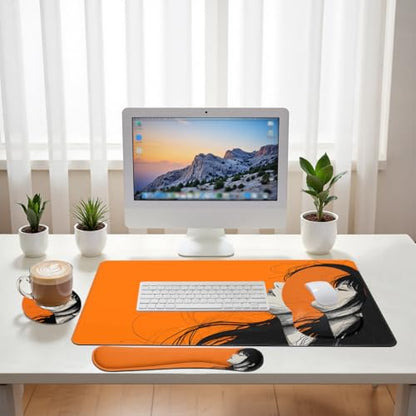 Anime Girl Aesthetic Desk Mat Set Minimal Line Art Portrait Mouse Pad with Wrist Rest 4in1 Desk Mat for Desktop Ergonomic Computer Desk Arm Wrist Anti-Slip Computer Mouse Pad Home Office Gaming - color: Anime Girl Aesthetic