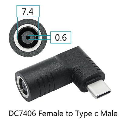 Right Angle DC 7406 to USB C Connector Adapter, 90 Degree PD 65W DC 7.4mm x 0.6mm to USB Type C Male Plug Power Charge Adapter for Laptop, Phone - Black - style: DC 7406 to USB Type c