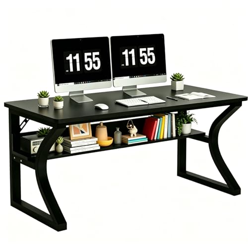 47'' Computer Desk Home Office Desk, Modern Computer Desk w/U Shaped Metal Frame, Storage Shelves, PC Table Study Writing Desk Workstation for Home Office (47inch/Black) - size: 47inch/Black