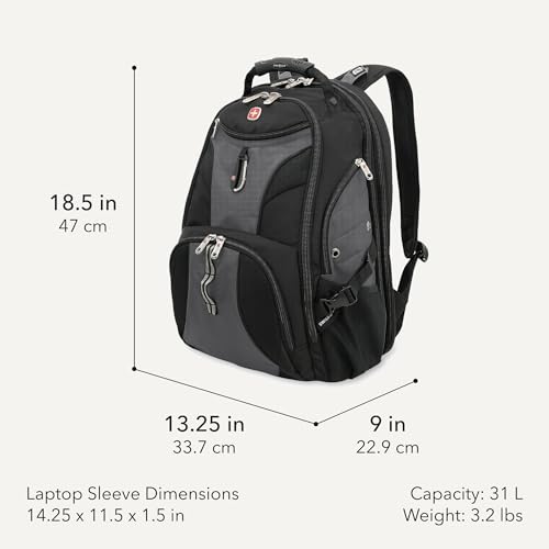 SWISSGEAR 1900 ScanSmart Laptop Backpack, Fits Most 17-Inch Laptops, TSA-Friendly Lay-Flat Design, RFID Protection, and Tablet Pocket, Black, 31L, 18.5-Inch - color: Black/Grey