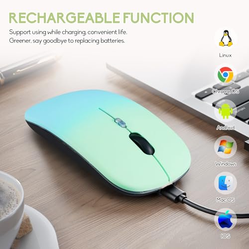 Wireless Bluetooth Mouse,LED Dual Mode Rechargeable Silent Slim Laptop Mouse,Portable(BT5.2+USB Receiver) Dual Mode Computer Mice,for Laptop,Desktop Computer,ipad Tablet,Phone,Mac(Greenish blue) - color: Gradient Greenish blue